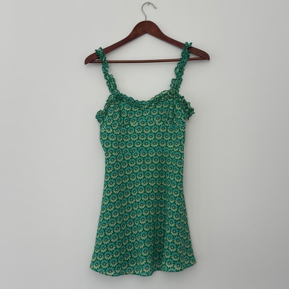 Zara Green Floral Daisy Ruffled Strap Summer Cottagecore Mini Dress S - Picture 1 of 9